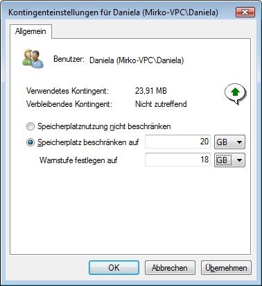 Windows Vista und XP: Mit der Quota- und Kontingent-Funktion den maximalen Speicherplatz für Benutzer beschränken