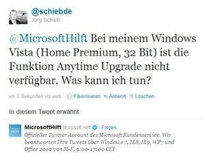 Tweet von @schiebde an @MicrosoftHilft: Bei meinem Windows Vista (Home Premium, 32 Bit) ist die Funktion Anytime Upgrade nicht verfügbar. Was kann ich tun?