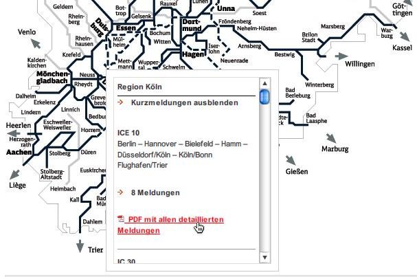 Karte von Bahnstrecken in Nordrhein-Westfalen mit Liste geplanter Bauarbeiten in der Nähe von Düsseldorf