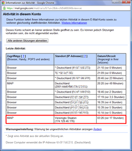 Aktivität in diesem Konto. Diese Funktion liefert Ihnen Informationen zur letzten Aktivität in diesem E-Mail-Konto sowie zu weiteren gleichzeitig stattfindenden Aktivitäten.