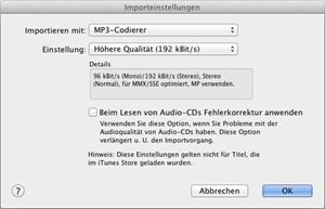 iTunes Dialogfeld Importeinstellungen. Importieren mit: MP3-Codierer, Einstellung: Höhere Qualität (192 kBit/s)