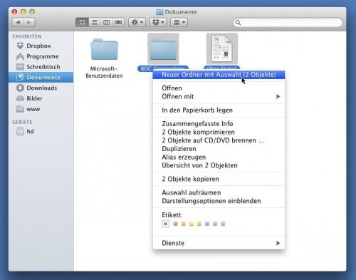 Mac OS X Lion: Neuer Ordner mit Auswahl