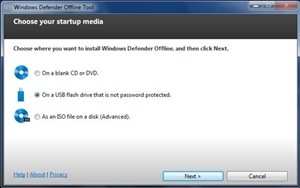 Windows Defender Offline Tool: Choose your startup media