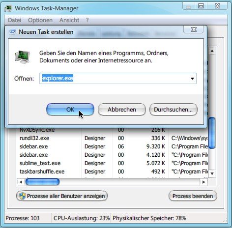 Windows-Explorer manuell neu starten