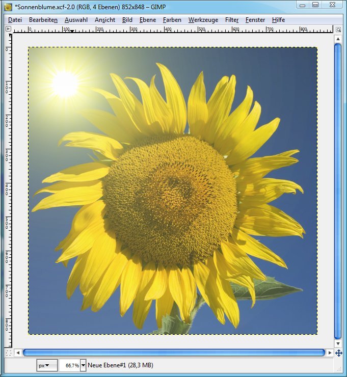 GIMP: Beispiel für eingefügte Sonnenstrahlen