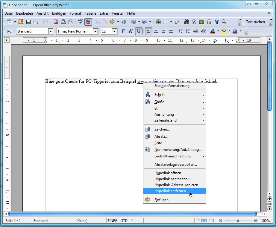 Hyperlinks in OpenOffice Writer entfernen