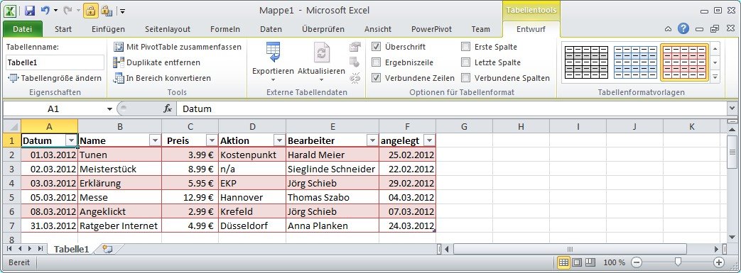 Excel-Tabellen-Zeilen abwechselnd einfärben