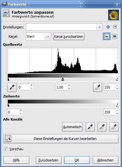 Histogramm eines Fotos anzeigen mit GIMP