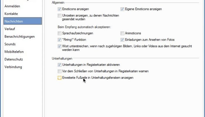 Windows Live Messenger 2011: Erweiterte Fußzeile in den Optionen abschalten