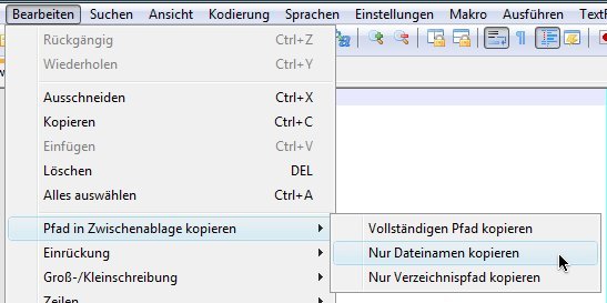 Notepad++: Datei-Namen der aktuellen Datei kopieren