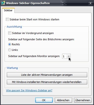 Windows Vista: Sidebar auf Zweit-Monitor verschieben