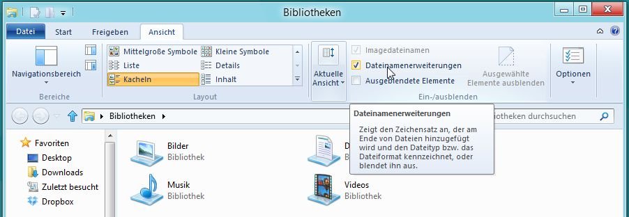 Windows 8: Dateinamenerweiterungen im Windows-Explorer anzeigen