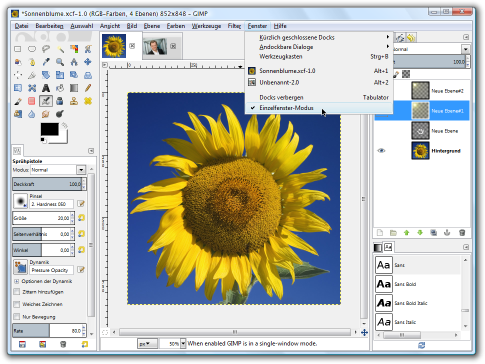 GIMP-Bild-Bearbeitung: Werkzeug-Kasten und Bild-Fenster zusammenfassen
