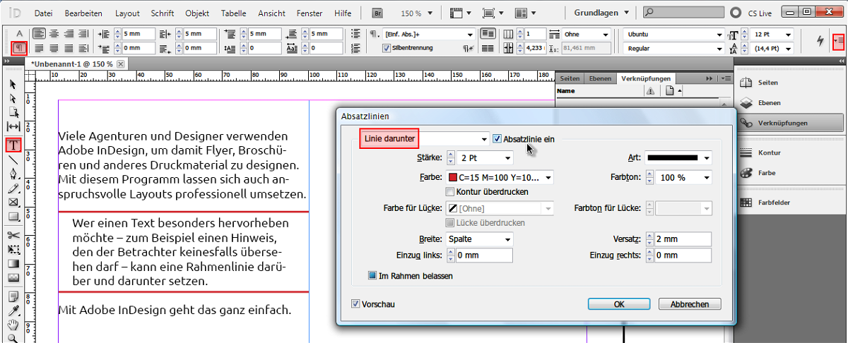 Absätze in Adobe InDesign mit Rahmen oben und unten versehen
