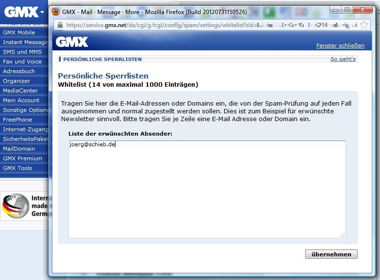 Spamfilter von GMX für einen bestimmten Absender ausschalten