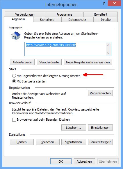 Beim Start von Internet Explorer die zuletzt offenen Webseiten wieder laden