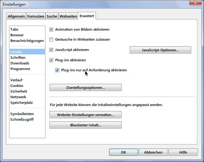 Plugins in Webseiten erst bei Klick abspielen mit Opera