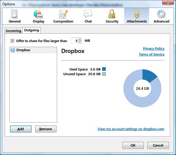 Zum Anhängen von eMail-Anlagen in Thunderbird Dropbox verwenden