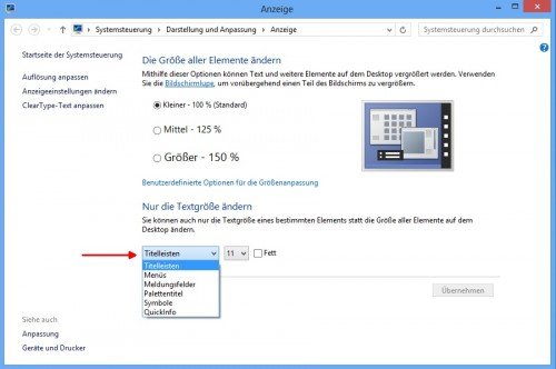 Windows 8: Textgröße von Bildschirm-Elementen ändern