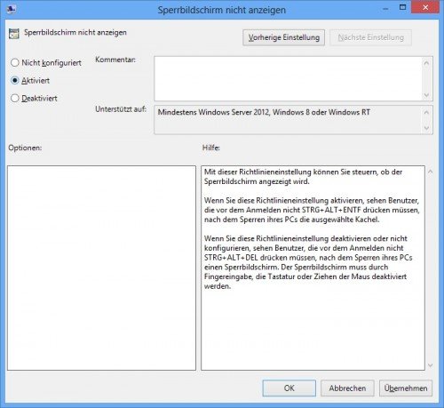 Sperr-Bildschirm von Windows 8 nicht anzeigen