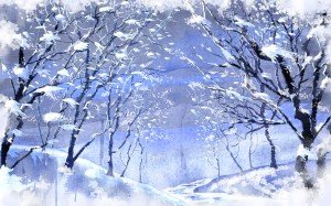 Gezeichnete winterliche Allee mit schneedürren Bäumen links und rechts in hellblau und violett