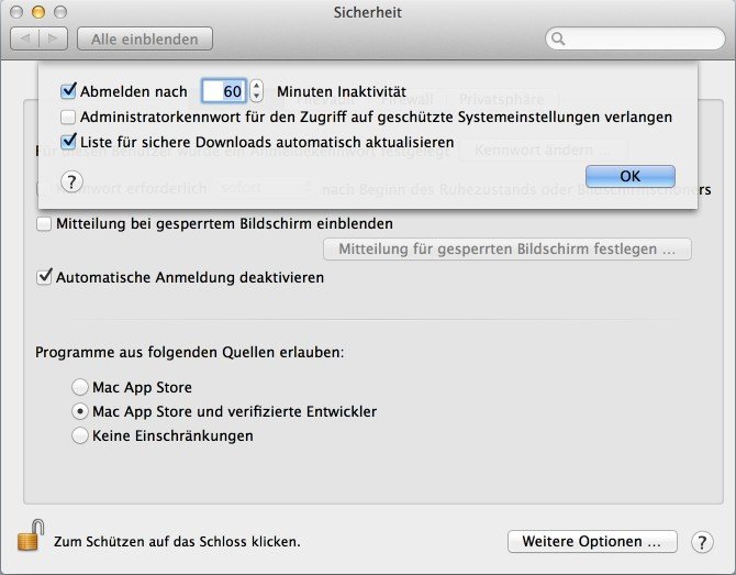 OSX: Nach In-aktivität Benutzer automatisch abmelden