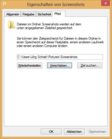 Festlegen, in welchem Ordner Windows 8 neue Screen-Shots speichert