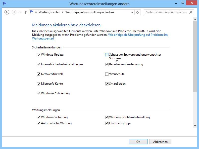 Fehlalarme des Wartungscenters von Windows 8 abschalten