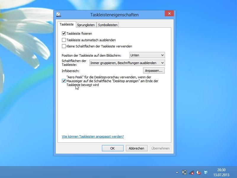 Windows 8: So schalten Sie Aero Peek wieder ein