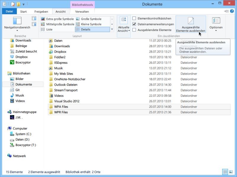Windows 8: Mehrere Dateien auf einen Rutsch ausblenden