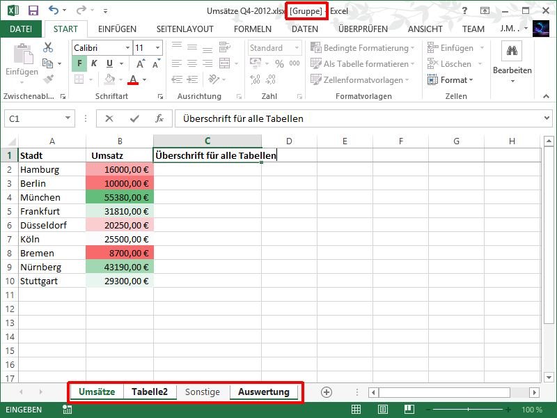 Excel: Zellen auf mehreren Tabellen-Blättern gleichzeitig ausfüllen