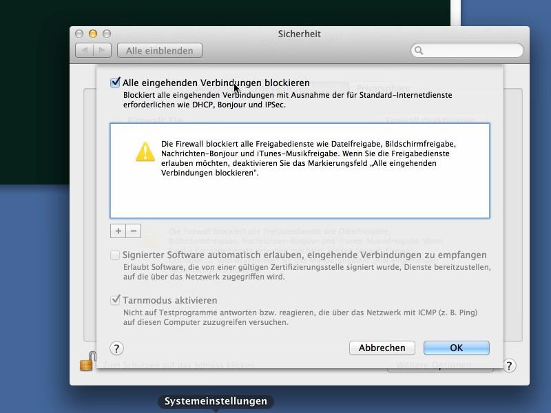 So blocken Sie alle eingehenden Netzwerk-Verbindungen in Mac OS X
