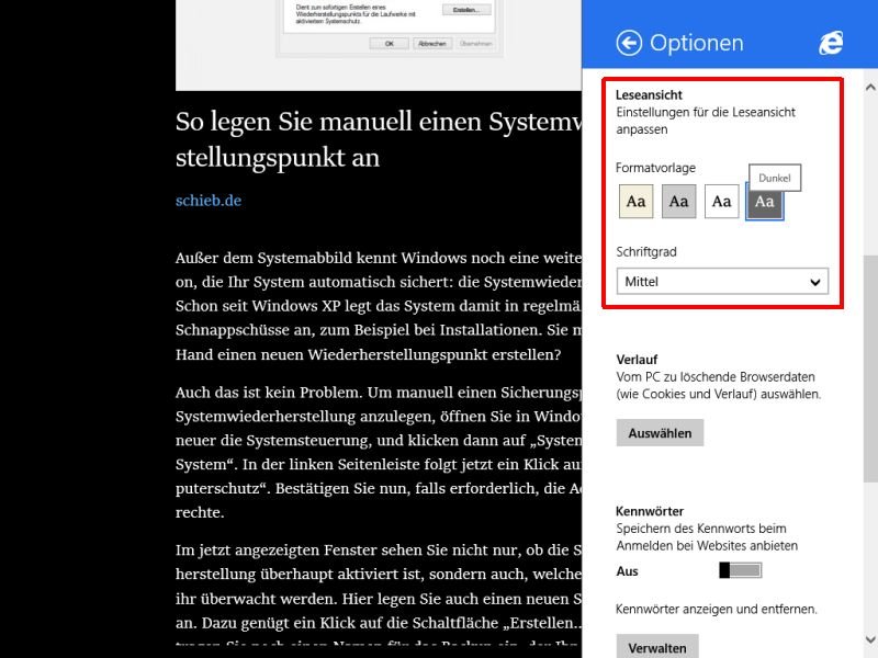 Lese-Ansicht von Internet Explorer 11: Optimales Design einstellen