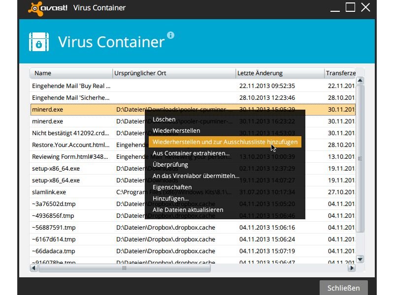 Dateien aus der Quarantäne von Avast Antivirus wieder herstellen