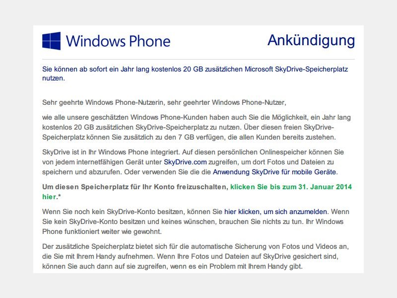 Gratis 20 GB Speicher-Platz für Windows Phone-Nutzer