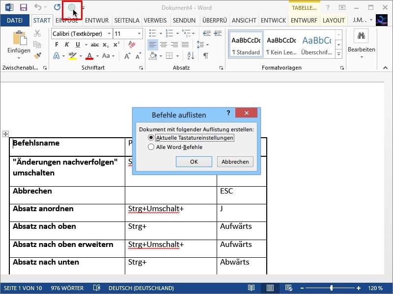 Microsoft Word: Auflistung aller Befehle anzeigen