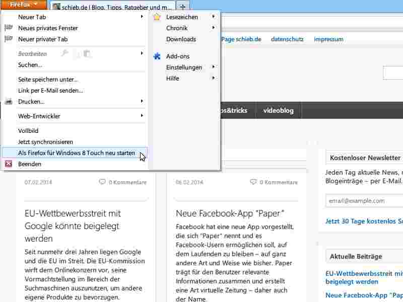 Touch-Version von Internet Explorer, Firefox und Chrome starten