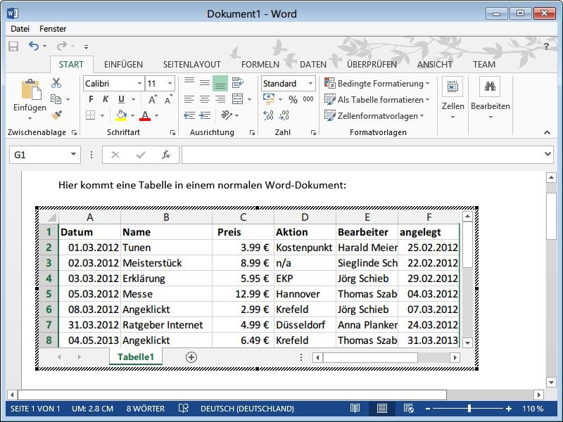 So fügen Sie eine Excel-Tabelle in ein Word-Dokument ein