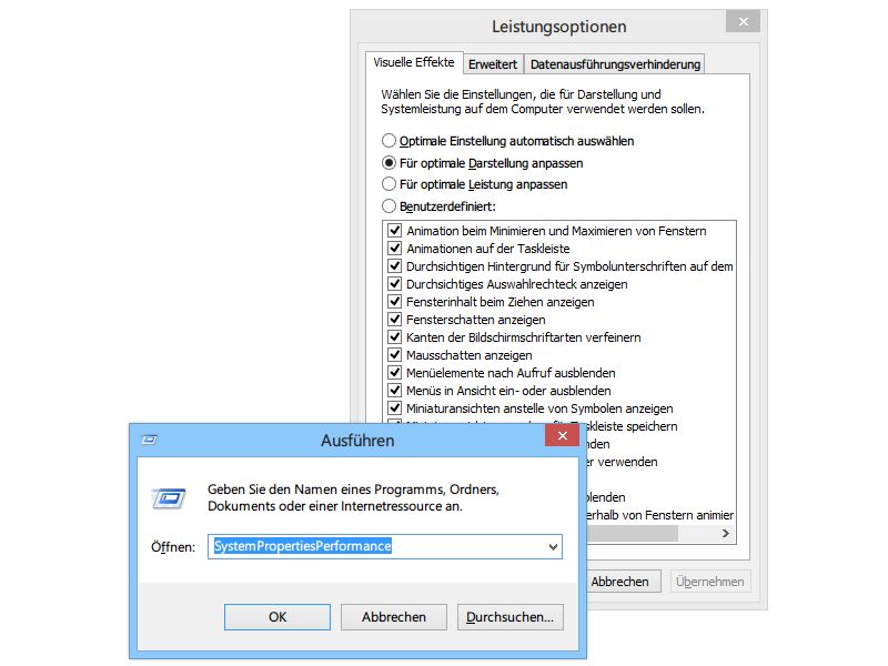 Schnell-Zugriff auf die Leistungs- und Darstellungs-Optionen von Windows