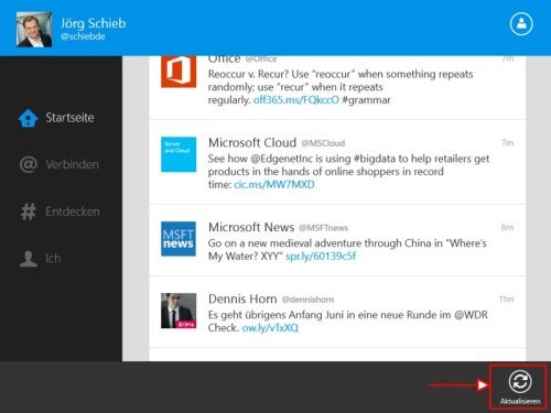 Twitter für Windows 8: Liste der Tweets aktualisieren