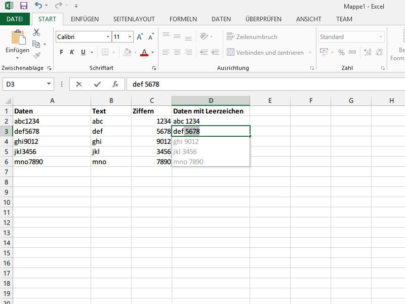 Excel 2013: Leer-Zeichen zwischen Zahlen und Text einfügen