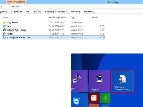Windows 8.1: Dateien auf der Startseite anheften