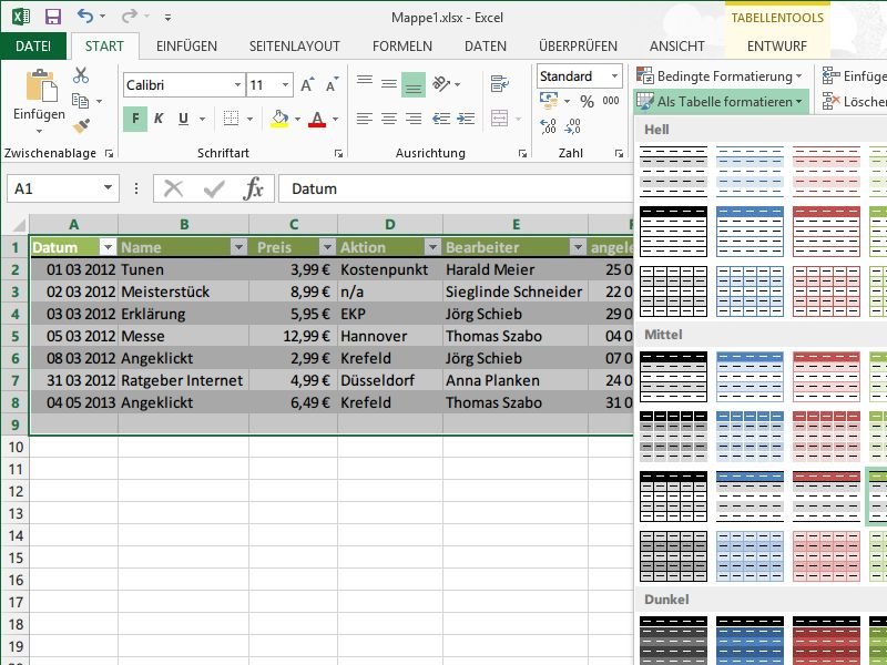 Excel-Tabelle schnell ordentlich aussehen lassen