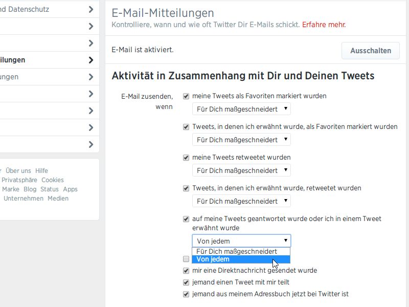 Twitter: Per eMail über neue Antworten benachrichtigt werden