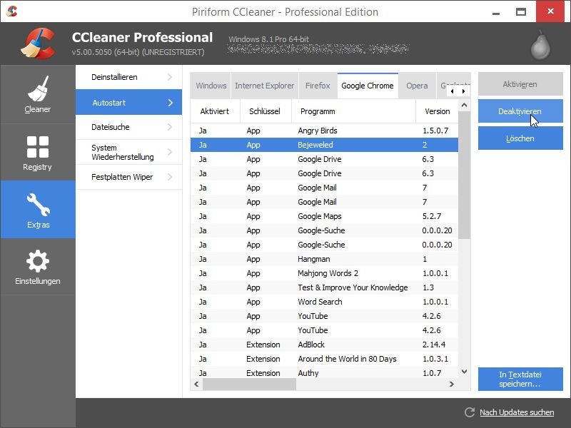 CCleaner: Chrome-Addons bereinigen