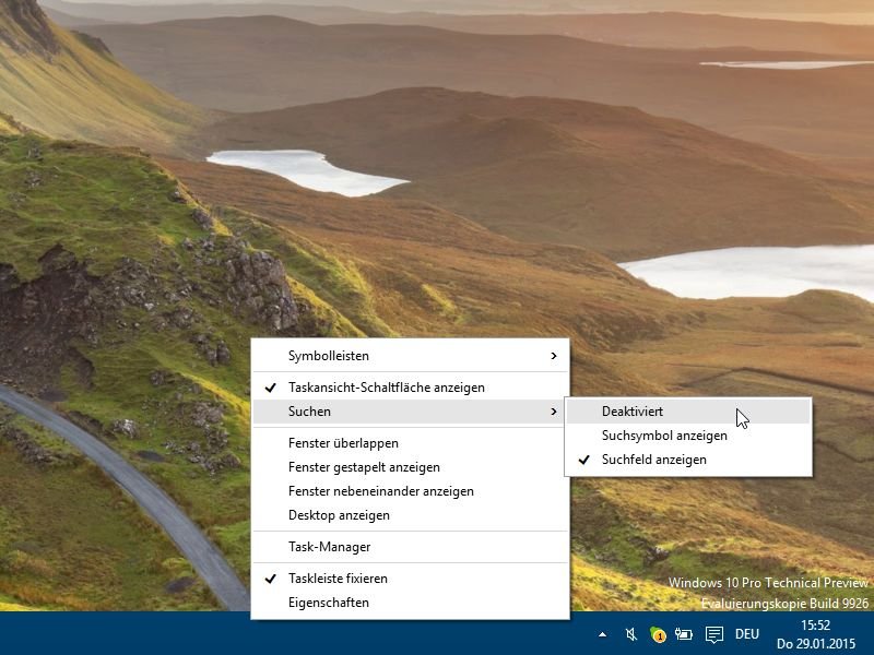 Windows 10: Suchfeld aus der Taskleiste entfernen