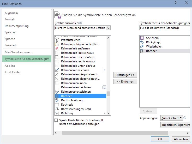 Windows-Rechner in die Excel-Schnell-Zugriffs-Leiste einfügen