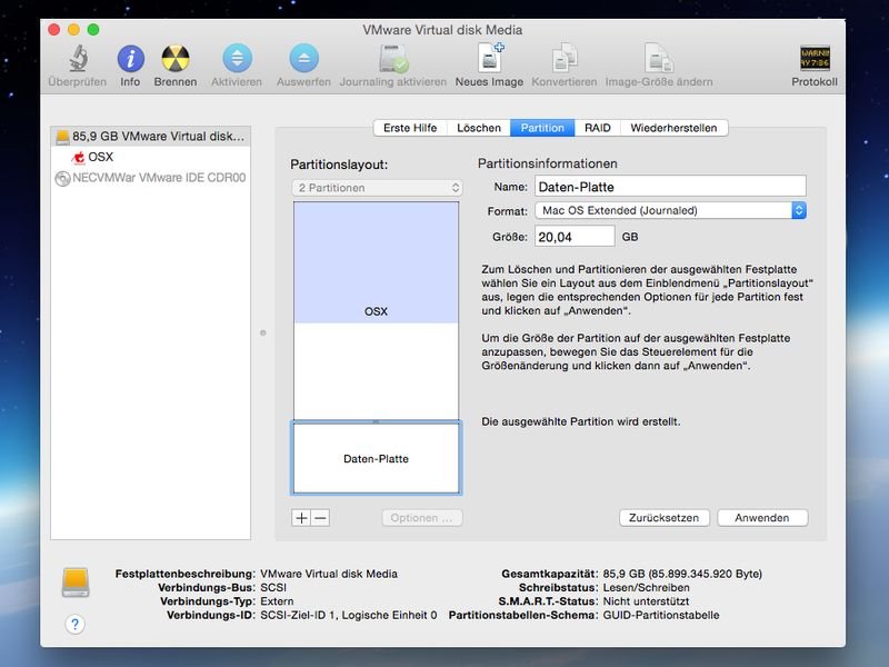 Mac-Festplatte in mehrere Teile teilen, neue Partition anlegen