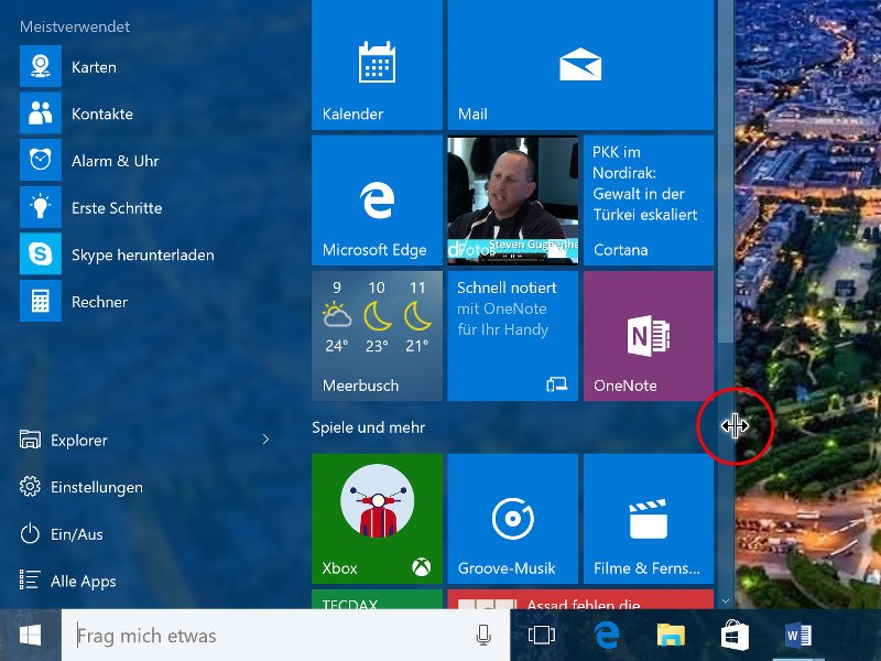 Start-Menü von Windows 10 breiter oder schmaler machen