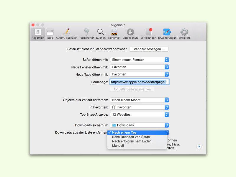Festlegen, wann Safari die Download-Liste bereinigt